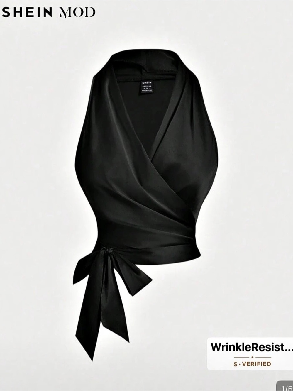 SHEIN Black Wrap Tie Blouse NWOT